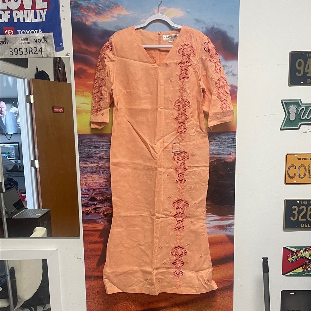 Chic Coral Embroidered Long Sleeve Dress